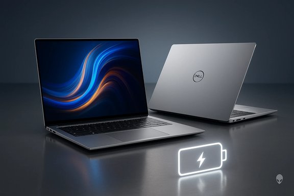 Two sleek Dell laptops on a reflective surface, one open with a vibrant screen and a glowing battery icon nearby.