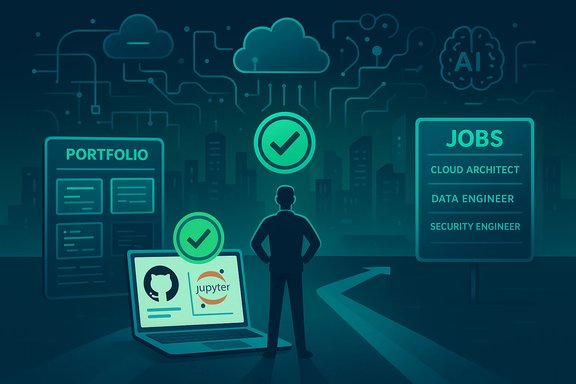 A person stands between a portfolio board and a jobs board for AI, cloud, and data roles.