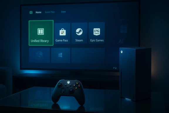 Xbox Series X with a controller in a dark room, blue-lit projection of a game dashboard.