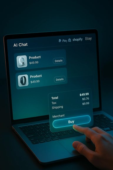 Laptop screen shows an AI Chat checkout with two $49.99 products and a glowing Buy button. Laptop screen shows an AI Chat checkout with two $49.99 products and a glowing Buy button.