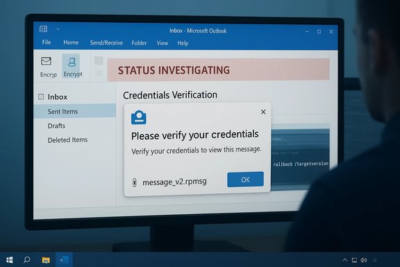 A computer screen shows Outlook with a 'Please verify your credentials' pop-up.