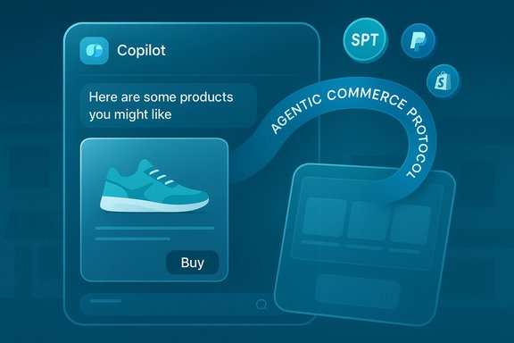 Copilot app showing product recommendations with a sneaker card and an 'Agentic Commerce Protocol' ribbon.