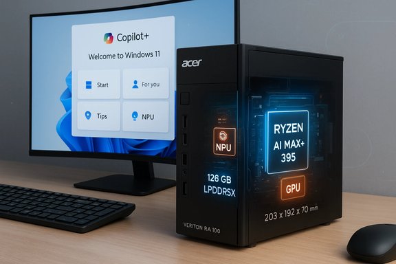 A sleek Acer desktop with Ryzen AI Max+ 395 and NPU beside a Windows 11 welcome screen.