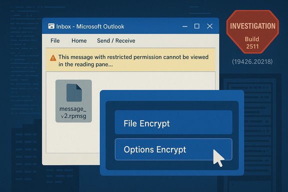 An Outlook inbox shows a restricted message while a File Encrypt dialog appears during an investigation.