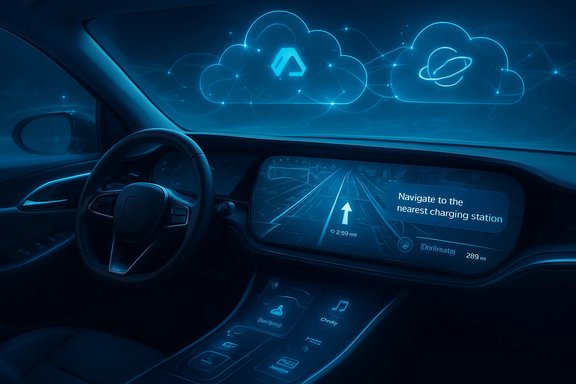 Futuristic car cockpit with holographic cloud icons and a digital navigation display. Futuristic car cockpit with holographic cloud icons and a digital navigation display.