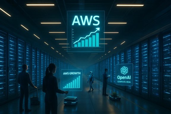 Futuristic data center with neon AWS and OpenAI holographic dashboards among server racks.