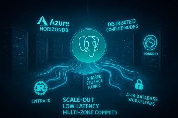 Neon data center concept centered on PostgreSQL, with Azure HorizonDB, shared storage fabric and AI workflows.