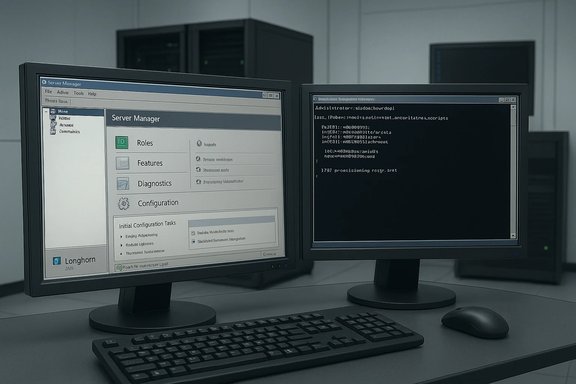 Two monitors display Windows Server Manager UI and a command-line screen in a data center.