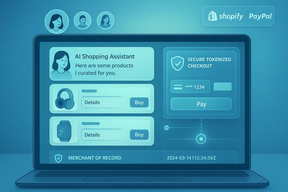 A blue-tinted laptop screen showing an AI Shopping Assistant with product cards and a secure checkout panel. A blue-tinted laptop screen showing an AI Shopping Assistant with product cards and a secure checkout panel.