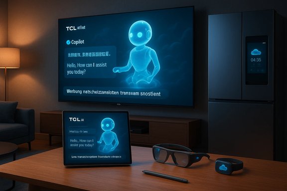 A modern living room showing a blue holographic assistant on TV and tablet. A modern living room showing a blue holographic assistant on TV and tablet.