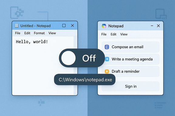 Two Notepad windows flank a large Off switch, with the path C:\Windows\notepad.exe.