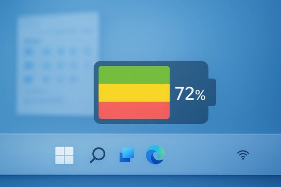 A large 72% battery icon with a green-yellow-red flag on a blue desktop background.