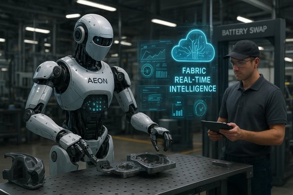 An AEON robot works at a metal bench while a technician monitors fabric real-time intelligence on a holographic display. An AEON robot works at a metal bench while a technician monitors fabric real-time intelligence on a holographic display.