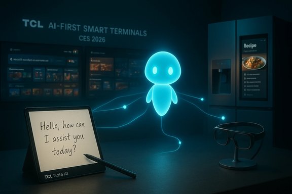 A glowing blue AI assistant hovers near a TCL tablet, asking, 'Hello, how can I assist you today?' A glowing blue AI assistant hovers near a TCL tablet, asking, 'Hello, how can I assist you today?'