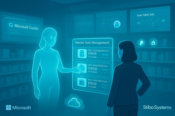 Two professionals review a holographic Master Data Management dashboard in a Microsoft Copilot setting.
