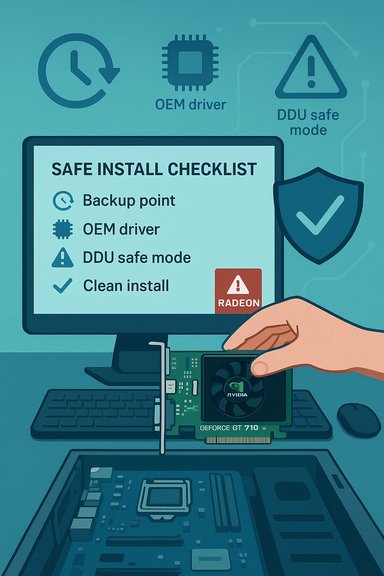 A hand installs a graphics card into a desktop PC, following a safe install checklist. A hand installs a graphics card into a desktop PC, following a safe install checklist.