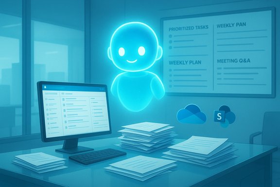 A neon blue holographic assistant hovers over a desk with a computer and stacks of papers.