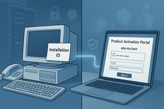 Retro computer and laptop display installation ID on the monitor and a product activation portal sign-in form.