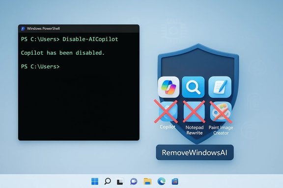 PowerShell shows Copilot disabled; shield with crossed-out app icons and RemoveWindowsAI button.