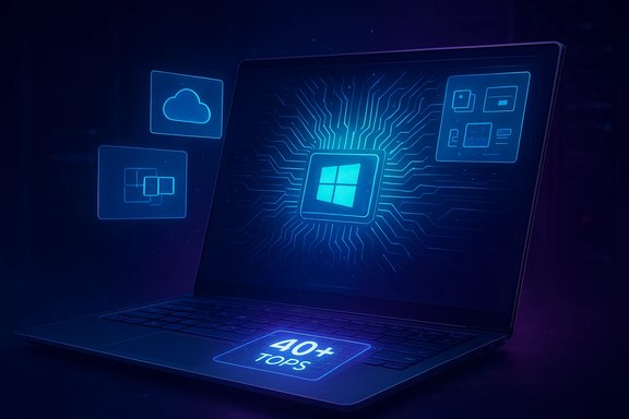 A futuristic laptop with glowing Windows chip and holographic UI panels.