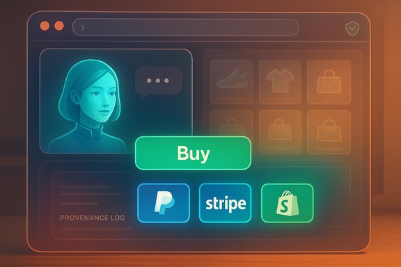 Stylized online storefront UI with a glowing Buy button, avatar chat, and payment options (PayPal, Stripe, Shopify). Stylized online storefront UI with a glowing Buy button, avatar chat, and payment options (PayPal, Stripe, Shopify).