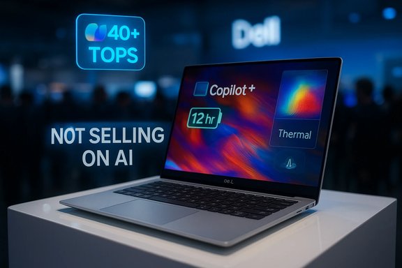 Dell laptop on display with Copilot+ and 12h battery at an AI expo; 'Not Selling on AI' sign nearby.