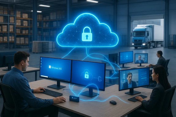 IT workers monitor cloud security on multiple screens inside a warehouse office.