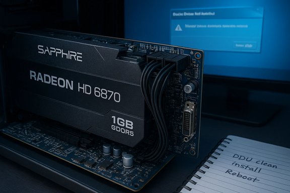 Sapphire Radeon HD 6870 graphics card installed in a PC with visible power cables and a blue-lit screen.