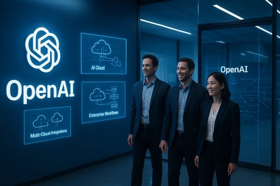 Three professionals pose beside a blue-lit OpenAI wall featuring AI Cloud and enterprise workflow panels.