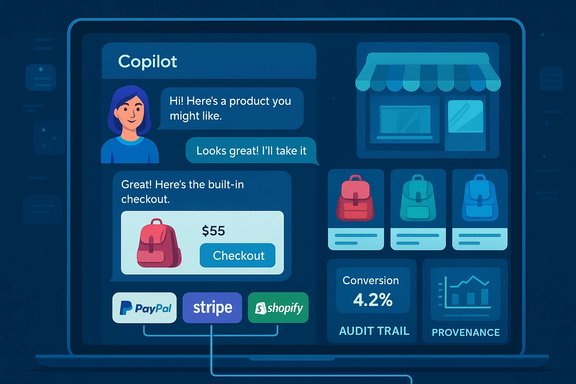 A Copilot chat UI on a dashboard guides ecommerce checkout with product, price, and payment logos. A Copilot chat UI on a dashboard guides ecommerce checkout with product, price, and payment logos.