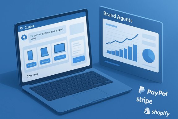 Blue 3D scene of a laptop chat UI beside a brand analytics dashboard with PayPal, Stripe and Shopify logos. Blue 3D scene of a laptop chat UI beside a brand analytics dashboard with PayPal, Stripe and Shopify logos.