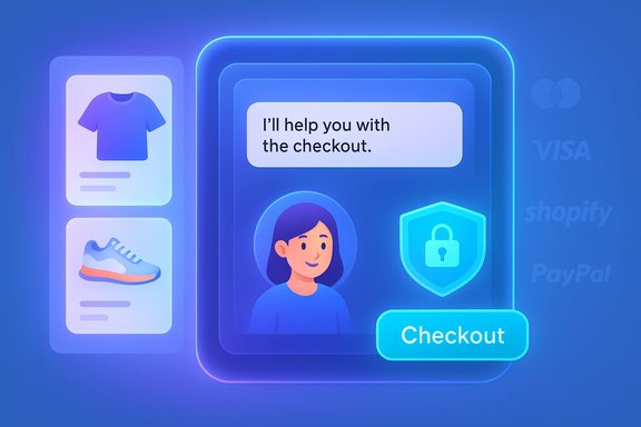 Neon futuristic checkout screen with an assistant avatar, product cards, a security shield, and a Checkout button. Neon futuristic checkout screen with an assistant avatar, product cards, a security shield, and a Checkout button.