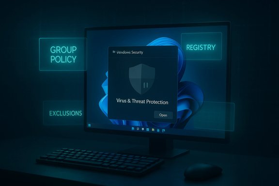 Windows Security Virus & Threat Protection popup on a monitor, with floating policy, registry, and exclusions panels.