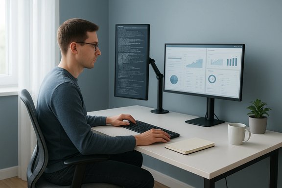 A man sits at a clean desk with two monitors: code on one screen and dashboards on the other.