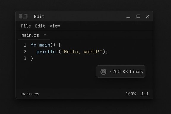 Dark code editor showing a Rust hello world program in main.rs.