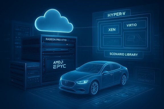 Cloud-based data center with AMD EPYC servers, showing Hyper-V and Xen virtualization for a connected car.