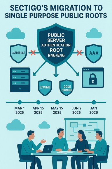 Infographic on Sectigo's migration to single-purpose public roots with a security timeline.