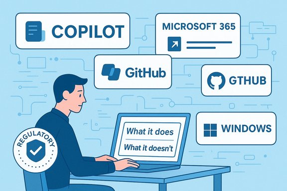 Person using a laptop surrounded by floating software logos (Copilot, GitHub, Windows, Microsoft 365) with a regulatory badge.