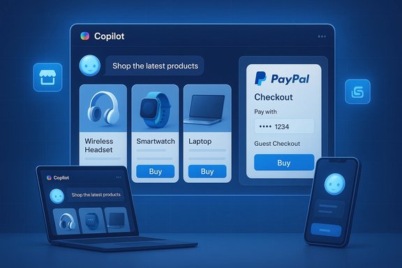 Blue UI mockup of Copilot shopping app with product cards and PayPal checkout. Blue UI mockup of Copilot shopping app with product cards and PayPal checkout.