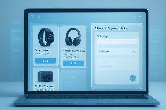 Laptop screen shows an online store with smartwatch, wireless headphones, camera, and a Shared Payment Token panel. Laptop screen shows an online store with smartwatch, wireless headphones, camera, and a Shared Payment Token panel.