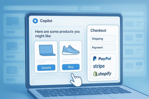 Laptop screen displays Copilot e-commerce UI with recommended products and a Checkout pane. Laptop screen displays Copilot e-commerce UI with recommended products and a Checkout pane.