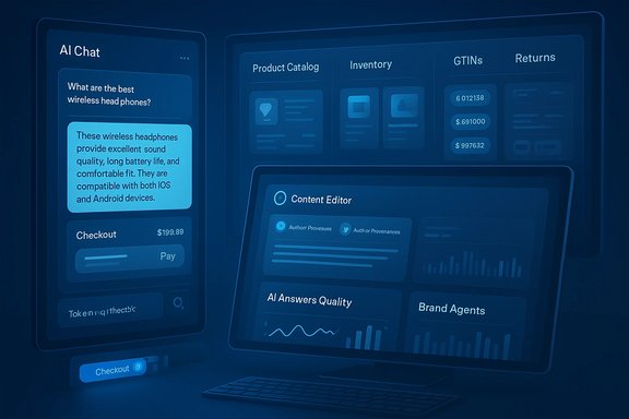 Blue, futuristic UI panels show AI chat, product catalog, inventory data, and analytics dashboards. Blue, futuristic UI panels show AI chat, product catalog, inventory data, and analytics dashboards.