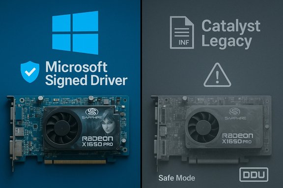 Split-screen comparison: Microsoft Signed Driver (left) vs Catalyst Legacy in Safe Mode (right) with Radeon X1650 Pro.