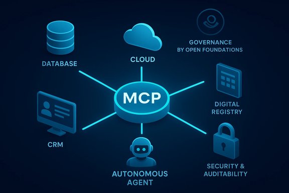 MCP hub connects database, cloud, CRM, digital registry, governance, security, and an autonomous agent.