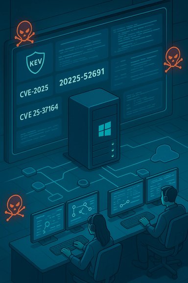 Cybersecurity ops center with a server, CVE panels, and analysts monitoring for malware.