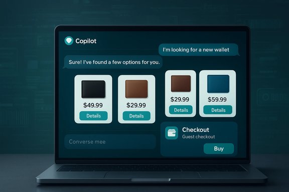 Laptop screen shows Copilot shopping UI with wallet options and prices. Laptop screen shows Copilot shopping UI with wallet options and prices.
