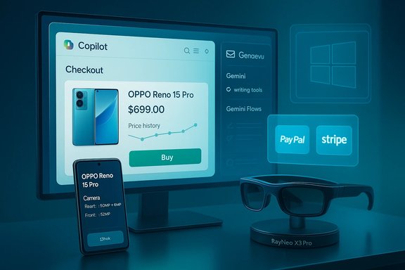 A futuristic checkout interface on a monitor for OPPO Reno 15 Pro, with a phone, AR glasses, and digital payment options.