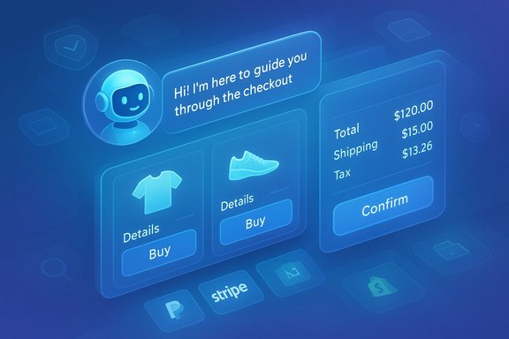 A blue holographic checkout UI with a friendly bot guiding you through details and totals. A blue holographic checkout UI with a friendly bot guiding you through details and totals.