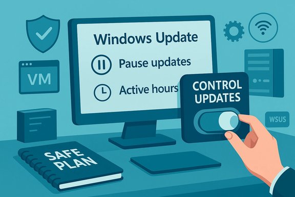 A hand toggles the Control Updates switch as Windows Update options appear on screen.