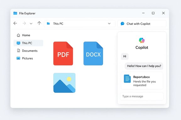 Windows-style File Explorer showing PDF, DOCX, and image files with a Copilot chat panel.